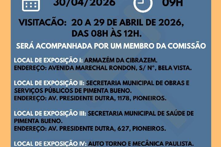 Prefeitura de Pimenta Bueno realiza leilão de veículos, máquinas e sucatas com lances a partir de R$ 200